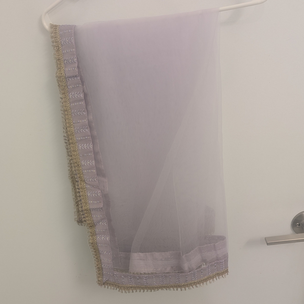 Lavender Net Dupatta with Gold Fringe Trim & Rhinestones